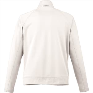 A cream-coloured men's knit jacket with a collar and long sleeves, featuring a logo.