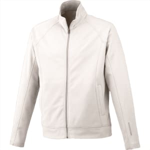 A cream-coloured men's knit jacket with a zip and side pockets. It features a collar and has a branding logo.