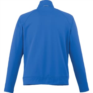 A blue men's knit jacket with a high collar, featuring a logo on the back.