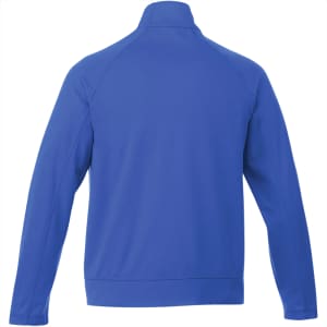 A blue Okapi Knit Jacket for men, featuring a simple design and a logo on the back.