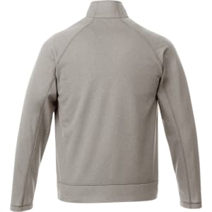 A men's knit jacket in a light grey colour, featuring a high collar and a plain back design. It has a branding logo.