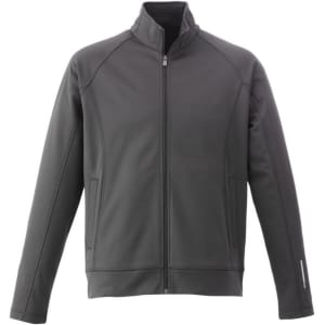 A grey men's knit jacket with a zippered front and side pockets, featuring a logo on the front.