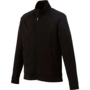 A black knit jacket with a high collar and zip front, featuring side pockets and a sleek design.