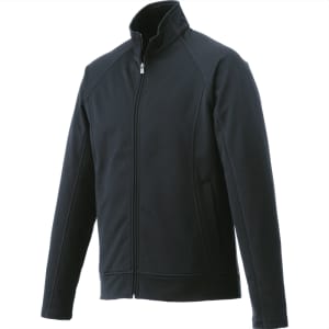 A black knit jacket for men featuring a high collar and zip closure, with side pockets and a logo.