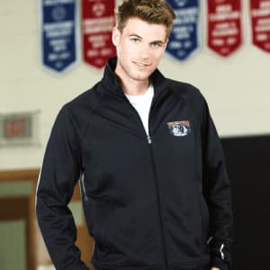 A black knit jacket for men with a logo, featuring a zip front and a sporty design.