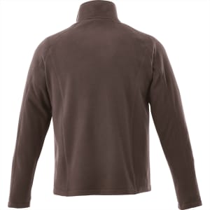A brown men's polar fleece jacket with a high collar and long sleeves, featuring a logo on the back.