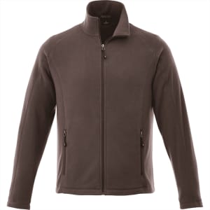 A brown polar fleece jacket with a zip front and two side pockets, featuring a logo on the chest.