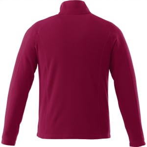 A maroon men's polar fleece jacket with a high collar and long sleeves, featuring a logo on the back.