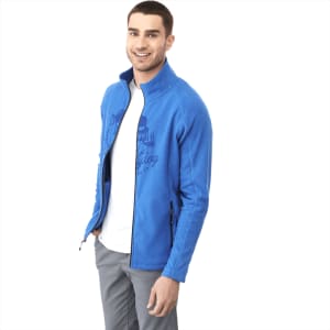 A blue polyfleece jacket for men, featuring a zippered front and a logo on the chest.