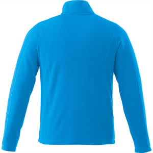 A men's polyfleece jacket in bright blue with a high collar and long sleeves, featuring a logo on the back.