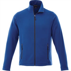 A blue polar fleece jacket with a zip front and two side pockets, featuring a logo on the chest.