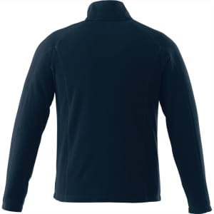 A men's polar fleece jacket in dark blue, featuring long sleeves and a high collar. It includes a logo on the back.