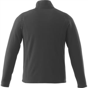 A plain black polar fleece jacket with a high collar and long sleeves, featuring a logo on the back.