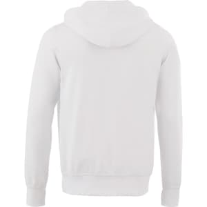 A white men's fleece zip hoodie featuring a kangaroo pocket and a hood, with a branding logo.
