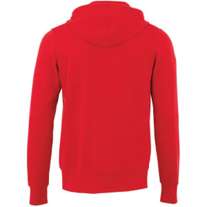 A red men's fleece zip hoodie featuring a hood and long sleeves, showcasing a plain back view.