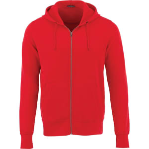 A red men's fleece zip hoodie with a front pocket and a hood, featuring a logo on the chest.