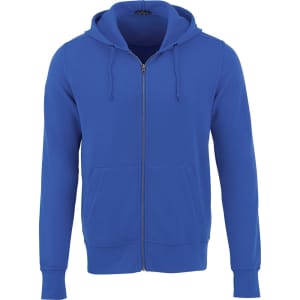 A blue men's fleece zip hoodie with a front zipper and pockets, featuring a hood and a logo.