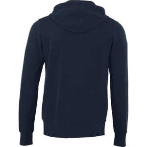 A navy blue men's fleece zip hoodie featuring a drawstring hood and ribbed cuffs. It has a logo on the front.