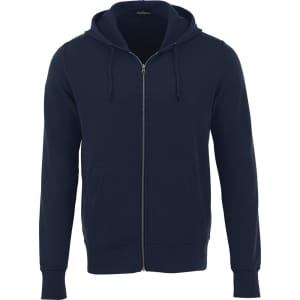 A navy blue fleece zip hoody for men, featuring a hood and front pockets. The hoody has a logo on it.