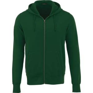 A green zip-up fleece hoodie for men with a front pocket and a drawstring hood. It features a logo on the chest area.