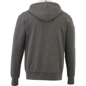 A men's hoodie in grey fleece with a hood, featuring a back view and a logo on the fabric.