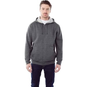 A grey men's fleece zip hoodie with a hood and front pockets, featuring a branding logo.