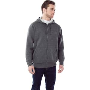 A men's hoodie in dark grey featuring a zip front, with a drawstring hood and front pockets.