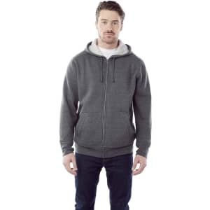 A men's zip-up hoodie in grey with a soft inner lining and a logo on the front.