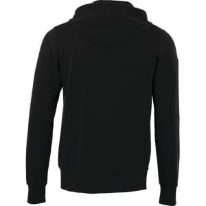 A black fleece zip hoodie for men, featuring a hood and ribbed cuffs. It has a simple design with a logo.