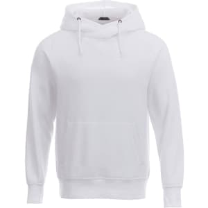 A white fleece hoodie featuring a front pocket and a drawstring hood. Includes a logo on the chest area.