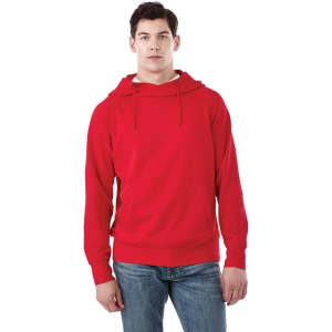 A red fleece hoodie for men, featuring a kangaroo pocket and a drawstring hood. It has a logo on the front.