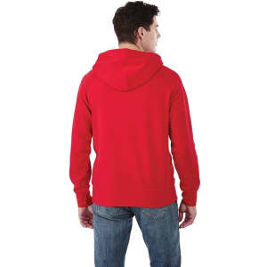 Men's red fleece hoodie featuring a drawstring hood, with a plain design and a logo on the back.