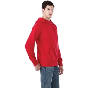 A red fleece hoodie for men, featuring a front pocket and an attached hood. The model stands in a neutral pose.