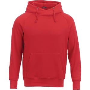 A red men's fleece hoodie with a front pocket and a drawstring hood, featuring a logo on the chest.