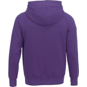 A purple men's fleece hoody with a hood and ribbed hem, featuring a logo on the back.