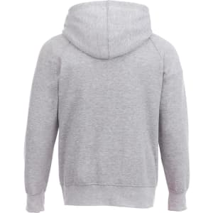 A grey men's fleece hoody with a hood and ribbed cuffs. Features a logo on the back.