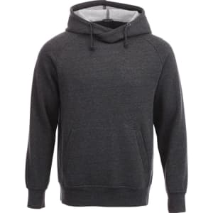 A grey fleece hoodie with a front pocket and a drawstring hood, featuring a logo.