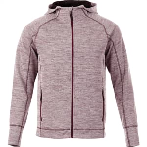 A maroon and grey zip-up hoodie with a hood and side pockets, featuring a logo on the front.