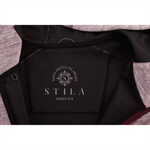 A maroon and grey zip-up hoodie with a logo inside the collar area.