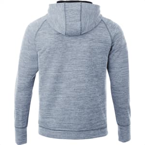 A grey knit zip hoodie for men with a fitted design and a hood. Features a logo on the back.