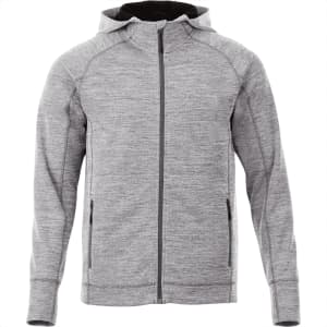 A grey zip-up hoodie featuring a hood and zippered pockets, designed for men's wear.