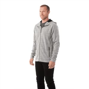 A men's zip-up hoodie in grey with a hood and side pockets, featuring a logo.