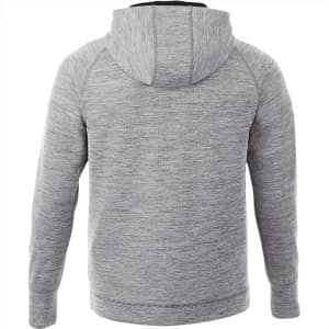 A grey knitted zip hoodie for men featuring a hood and a simple design. It includes a logo on the garment.