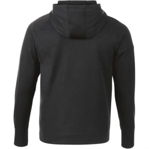 A black men's hoodie with a zip and a hood, featuring a logo on the back.