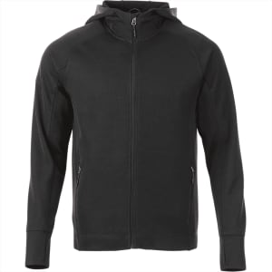 A black hooded zip jumper featuring a logo, designed for men with side pockets.