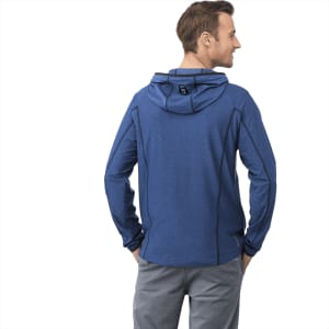 A men's Kaiser knit jacket in blue, featuring a hood and a logo, shown from the back.