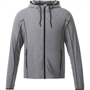 A grey knit jacket with a hood, featuring zippered pockets and a logo.