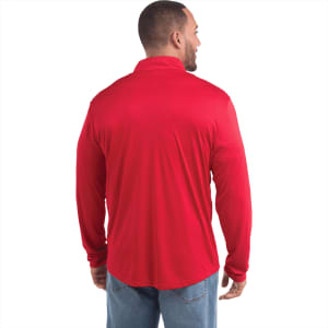 A red men's track jacket with a quarter zip, featuring a collar and a smooth, lightweight fabric.