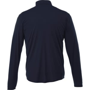 A dark navy quarter zip track jacket for men, featuring long sleeves and a simple design. It has a logo on the back.