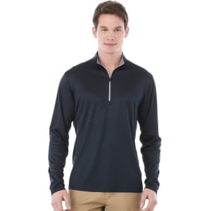 A navy quarter zip track jacket for men featuring long sleeves and a logo.